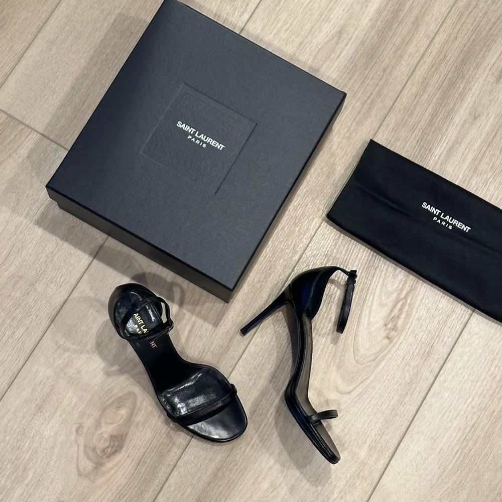 Auth SAINT LAURENT Skinny Strap Heels Black Leather Jane 80 Sandals w/Box Eu 38